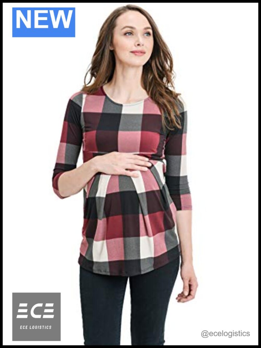 LaClef 3/4 Sleeve Front Pleat Peplum Maternity Top